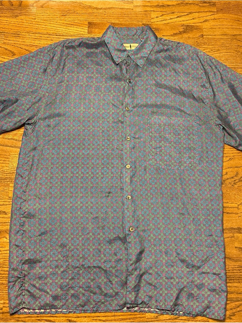 Robert Stock Mens Short Sleeve Button Up Silk Shirt L Blue Green Geometric Print